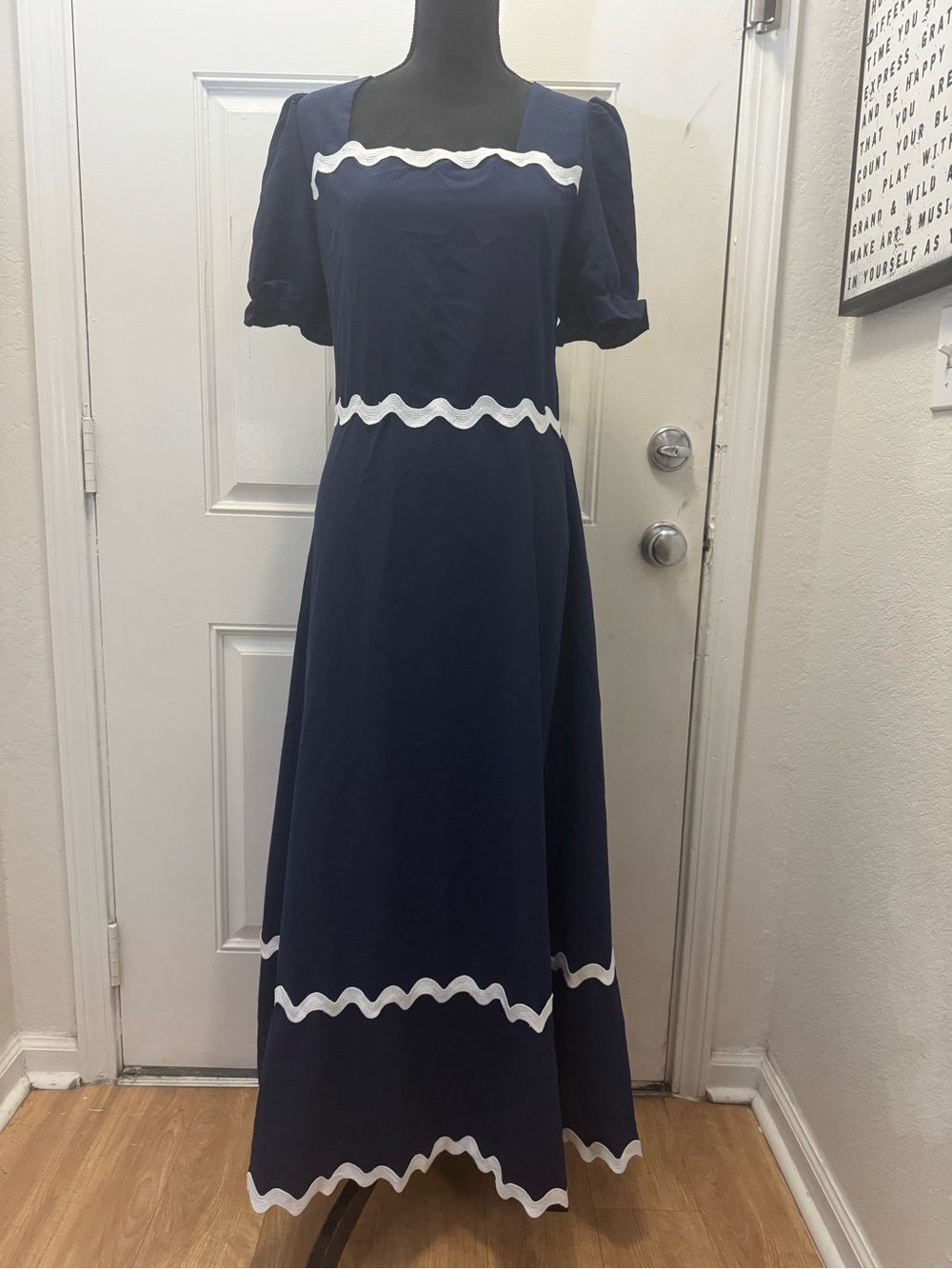 Navy Blue Maxi Dress with White Scalloped Trim